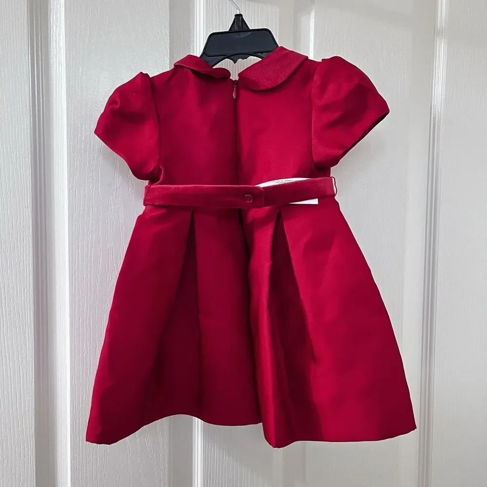 Mayoral Red Bow Taffeta Dress with Belt Collared Girls Size 18 Months NWT